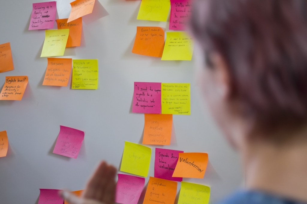 A photo of a user centred design professional conducting an affinity sort of pink, yellow and orange post its on a wall.